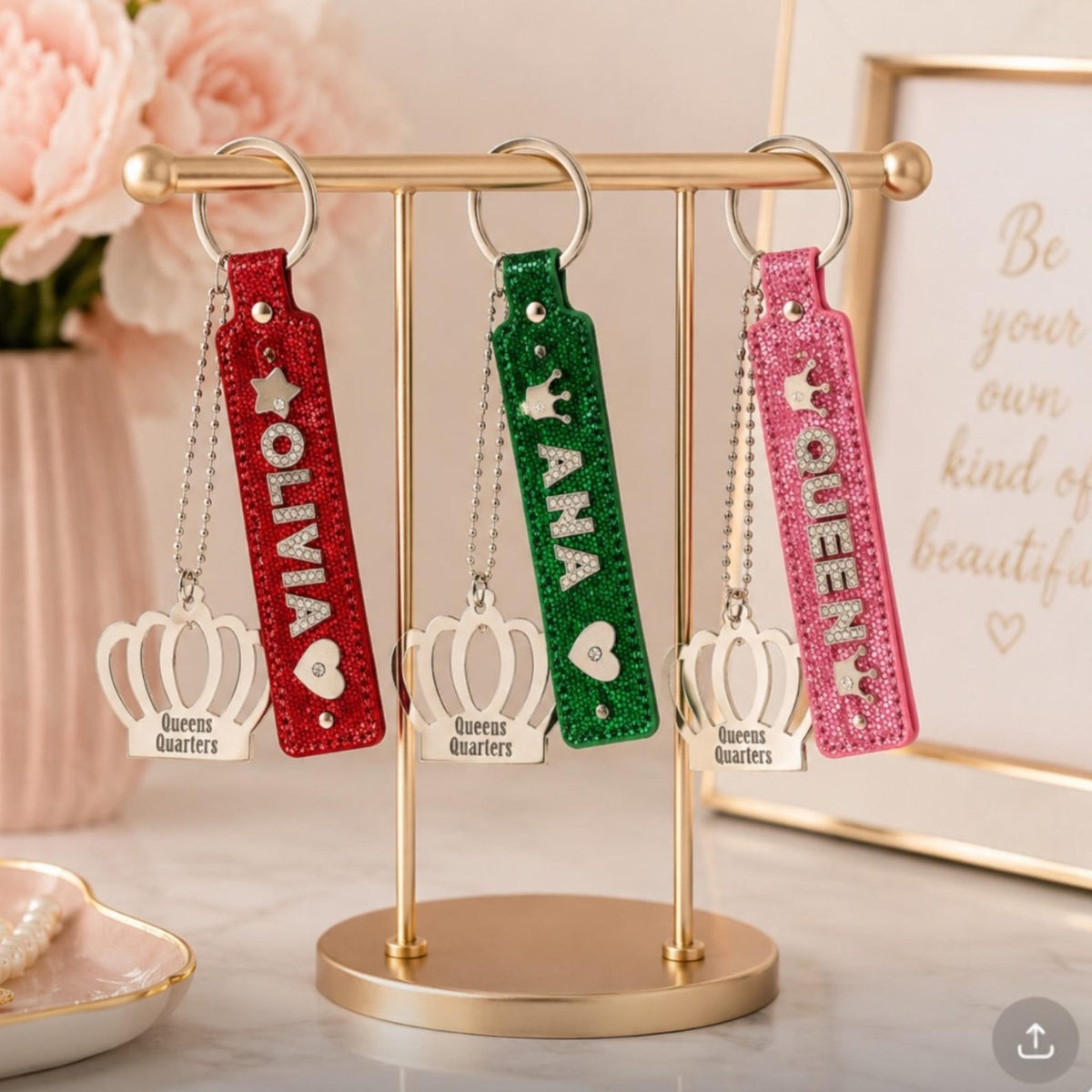 Personalised keyrings bag charms gift 8 colours glitter diamante