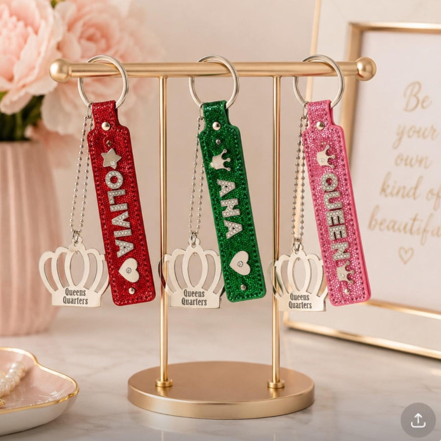 Personalised keyrings bag charms gift 8 colours glitter diamante