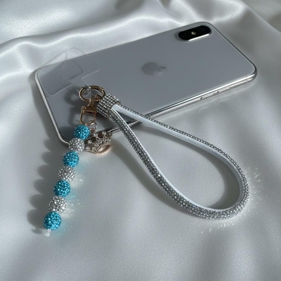 Crystal Beaded Phone Wrist Strap with Royal Crown Charm – Rhinestone Shamballa Wristlet