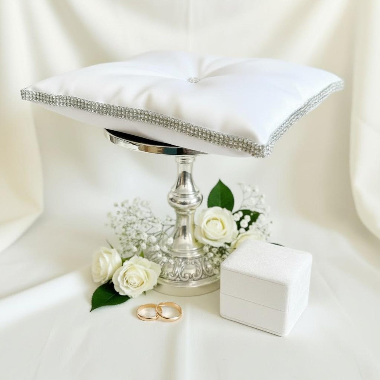Satin Ring Bearer Pillow: Crown Case Keepsake Cushion with Diamante Border ribbon added in your colour for rings
